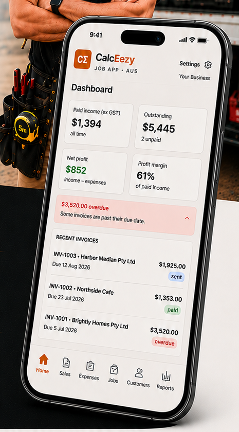 CalcEezy Job App dashboard on iPhone